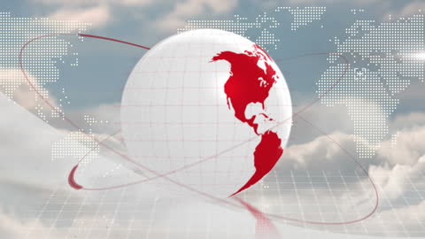 Globe with Red Continents Rotating in Digital World Map