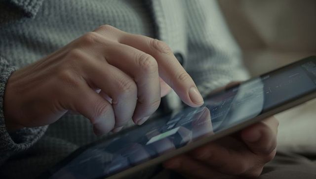 Close-up adult hands tapping touchscreen tablet, resting on sofa, wearing knit sweater