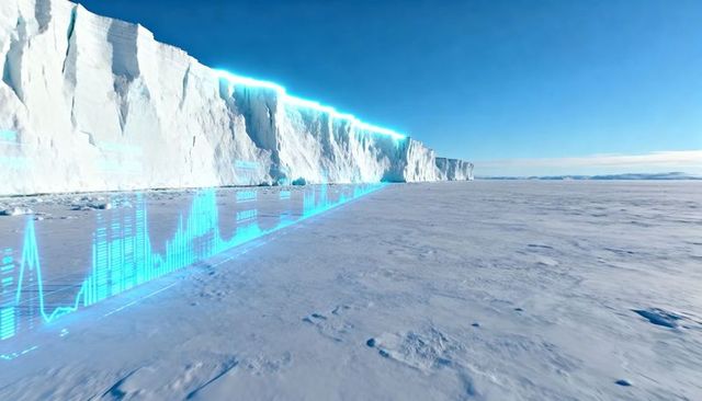 Holographic climate data projecting along polar glacier cliff over frozen plain