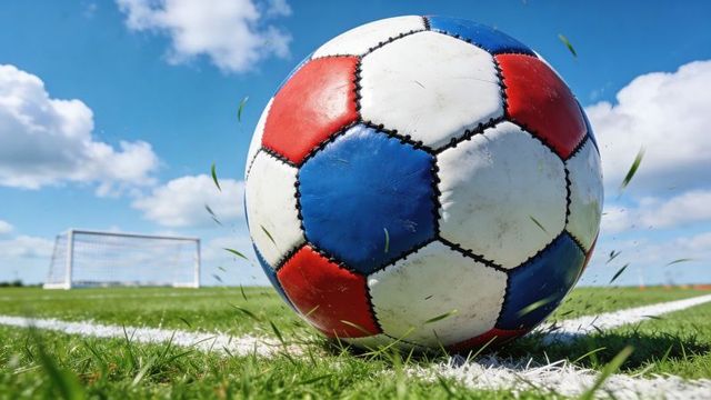 Red white blue soccer ball sitting on sideline showing scuffs and grass debris