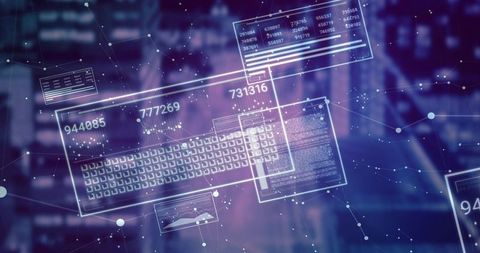Displaying glowing holographic keyboard and UI panels over neon city network dashboards