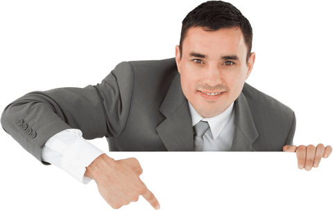 Transparent businessman in suit pointing towards blank space