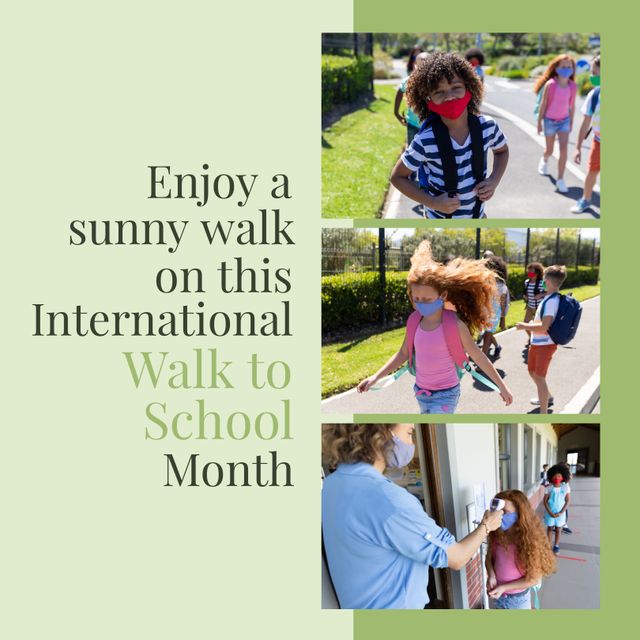 Digital composite image of multiracial kids wearing face masks, international walk to school month. Covid, copy space, benefits of walking, encourages healthy habit, celebration, learning.