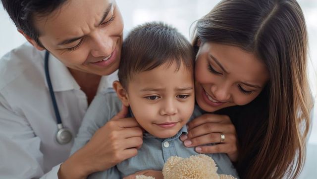 Pediatrician and parent comforting anxious child holding teddy in medical visit