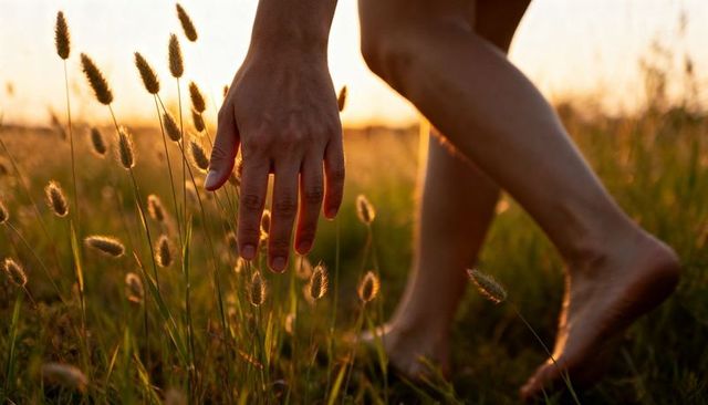 Barefoot woman walking through sunlit meadow reaching hand through foxtail grass at sunset
