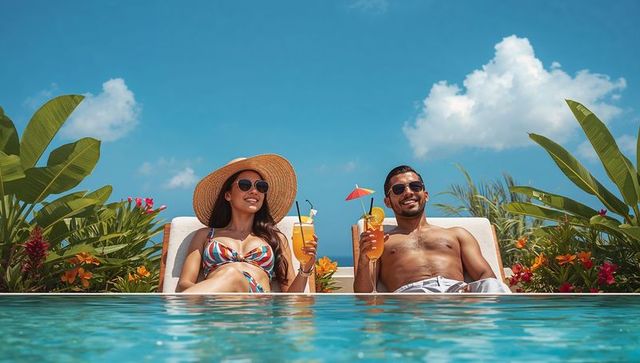 Couple lounging by pool with tropical cocktails under sunny blue sky at resort