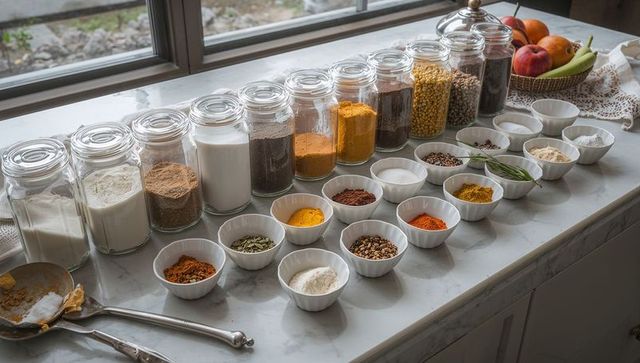 Clip-top glass spice jars and white ceramic bowls on marble countertop showcasing spices