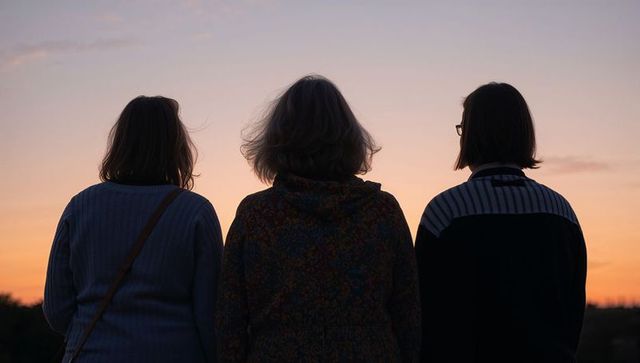 Three women watching sunset together on open field at dusk silhouetted against pastel sky