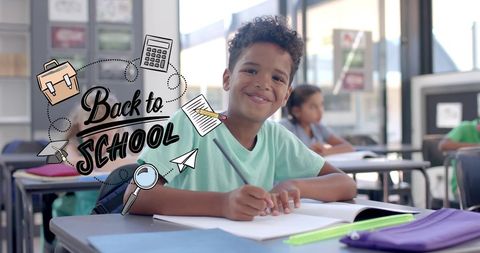 Smiling Boy in Classroom: Back to School Pencil Drawing