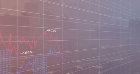 Translucent financial chart overlaying city skyline displaying market volatility and trends