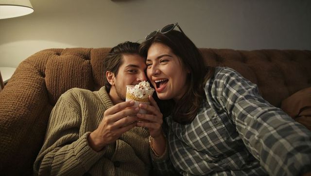 Cozy couple sharing marshmallow dessert while taking selfie on couch at home