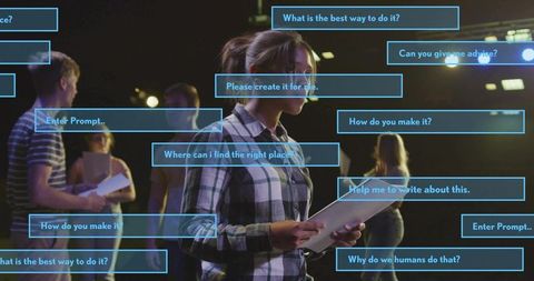 Teen Actress Reading Script on Dim Stage with Blue Digital Prompts During Rehearsal