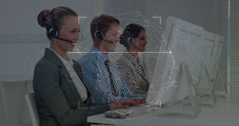 Business Team Working with Digital Interface and Fingerprint Overlay