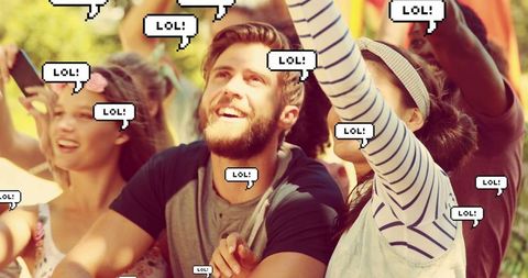 People Enjoying Music Festival with Playful LOL Speech Bubbles