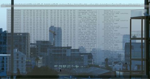 Digital data overlay with urban cityscape backdrop