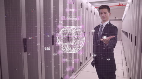 Businessman Using Digital Hologram in Data Center
