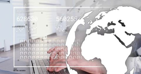 Hands Typing on Laptop with Global HUD Overlay and Data Readouts, Futuristic Workspace