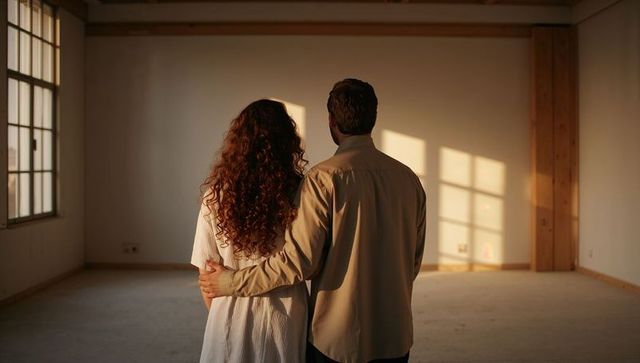 Couple standing in sunlit empty loft embracing and envisioning home renovation