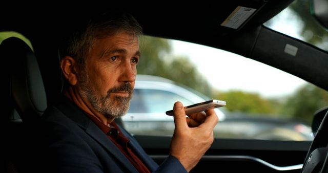 Mature Man Using Voice Technology Sitting in Car - Download Free Stock Images Pikwizard.com