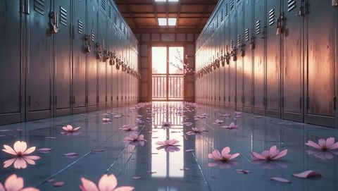Cherry blossom petals on reflective corridor floor