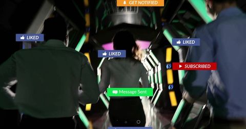 Colleagues walking through neon hex tunnel with floating social media tags