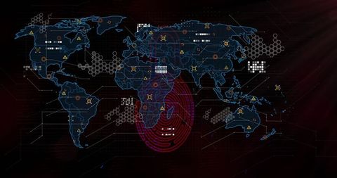 Futuristic World Map with Digital Data Overlay Icons