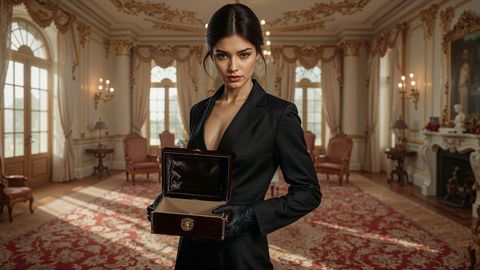 Woman opening velvet-lined box in elegant reception room