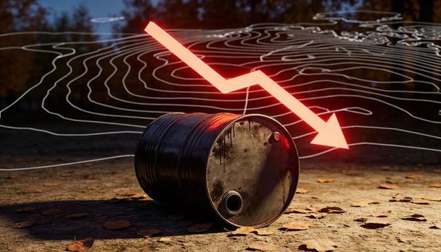 Rusty oil barrel lying in forest with neon downward arrow symbolizing falling oil prices