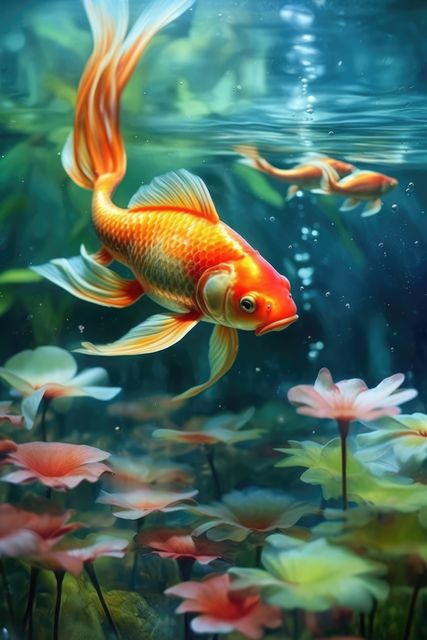 Vibrant koi fish swimming gracefully among colorful water lilies, creating a serene and tranquil atmosphere in a clear pond. Ideal for use in nature-themed decor, gardening magazines, aquatic life presentations, or relaxation-themed backgrounds.