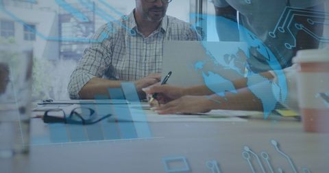 Diverse team collaborating on global financial data analysis