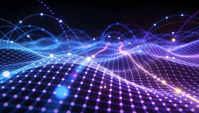 Undulating neon mesh wave visualizing virtual data flow with glowing network nodes