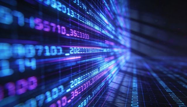 Racing Neon Data Tunnel with Glowing Alphanumeric Streams and Futuristic Grid Lines