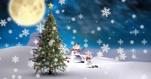 Christmas Tree and Snowmen in Winter Wonderland at Night - Download Free Stock Images Pikwizard.com