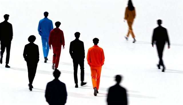 Silhouetted models walking in colorblock outfits on high-key white floor with long shadows