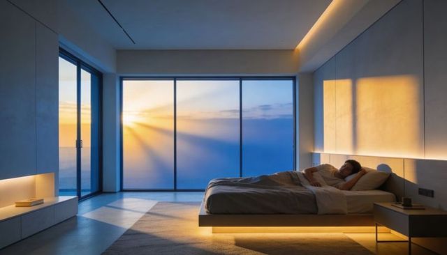 Man resting on platform bed in sunset-lit modern bedroom with ocean-view glass wall