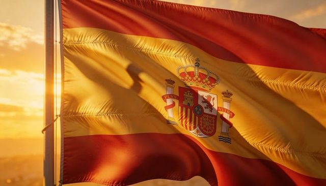 Waving spanish flag at golden hour featuring coat of arms and warm sunset glow