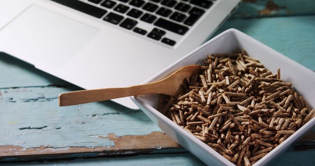 Healthy Breakfast Cereal and Laptop on Blue Wooden Table - Download Free Stock Images Pikwizard.com