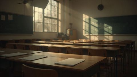 Sunlit school classroom with empty desks and notebooks