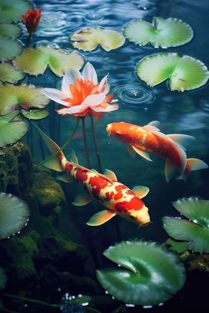 Koi fish swimming gracefully in a peaceful pond surrounded by lily pads and mossy rocks. Ideal for use in nature-themed designs, relaxation materials, or as a calming visual in spa and wellness promotions.