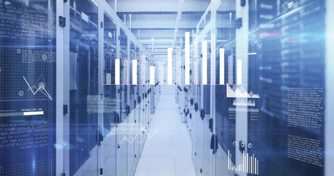 Data Center Aisle with Server Racks and Analytics Overlays