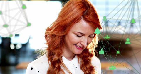 Smiling Woman Engaging with Global Networking Technology