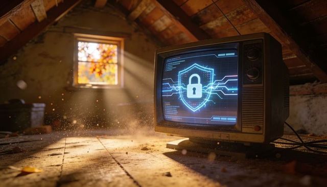 Retro crt displaying digital shield lock in dusty attic sunbeams cybersecurity concept