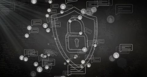 Glowing digital shield with padlock and chat bubbles representing cybersecurity and privacy