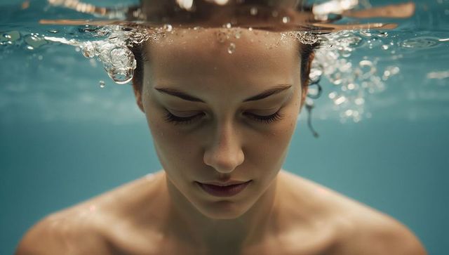 Serene woman floating at waterline with face half-submerged, minimalist underwater portrait
