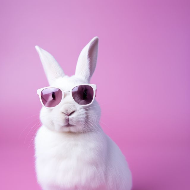 Rabbit wearing sunglasses on pink background, created using generative ai technology. Rabbit, animal, summer and vacation concept digitally generated image.