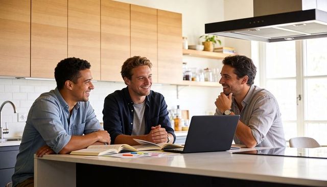 Three men collaborating at kitchen island reviewing laptop, color swatches and notebooks