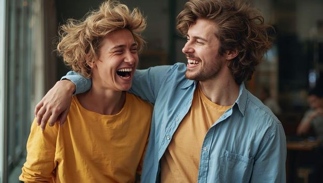 Friends laughing with arms around shoulders in sunlit cafe wearing mustard and light-blue shirts