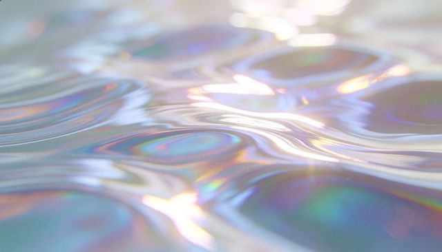 Shimmering iridescent liquid ripples with holographic pastel bokeh for dreamy backgrounds