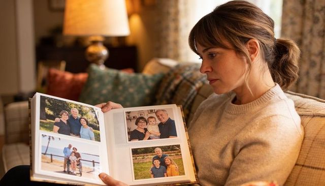 Woman flipping through family album on sofa in cozy living room, reflecting on memories