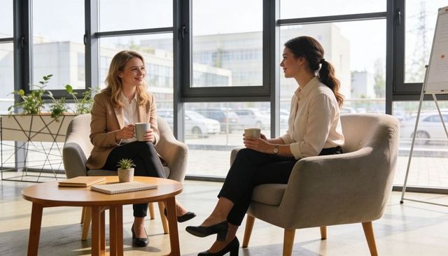 Two professional women chatting in modern office lounge during informal coffee meeting